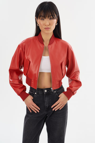 EVELIN | Cropped Faux Leather Bomber Jacket