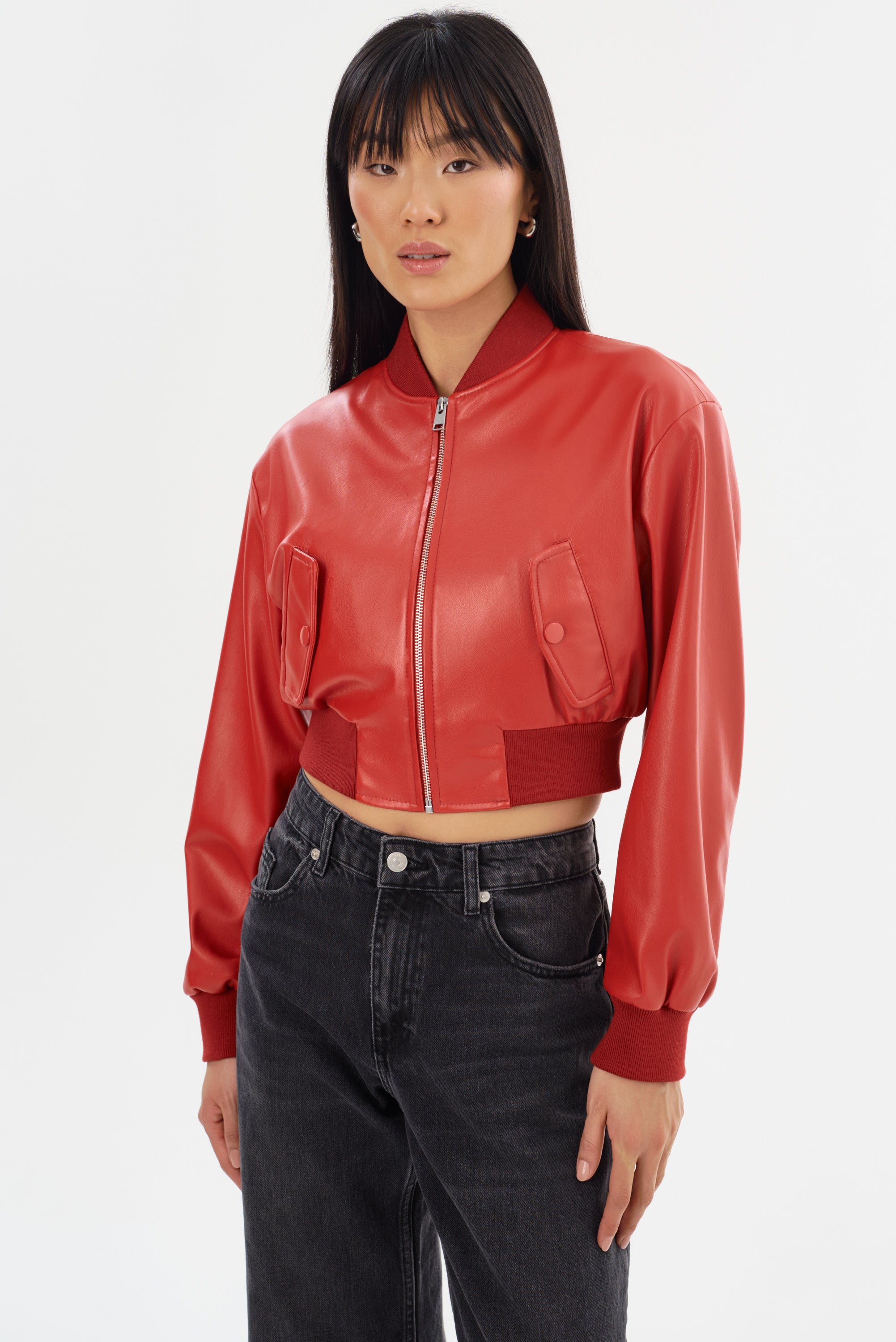 EVELIN | Cropped Faux Leather Bomber Jacket