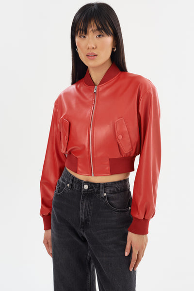 EVELIN | Cropped Faux Leather Bomber Jacket