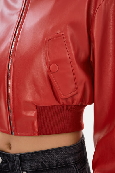 EVELIN | Cropped Faux Leather Bomber Jacket