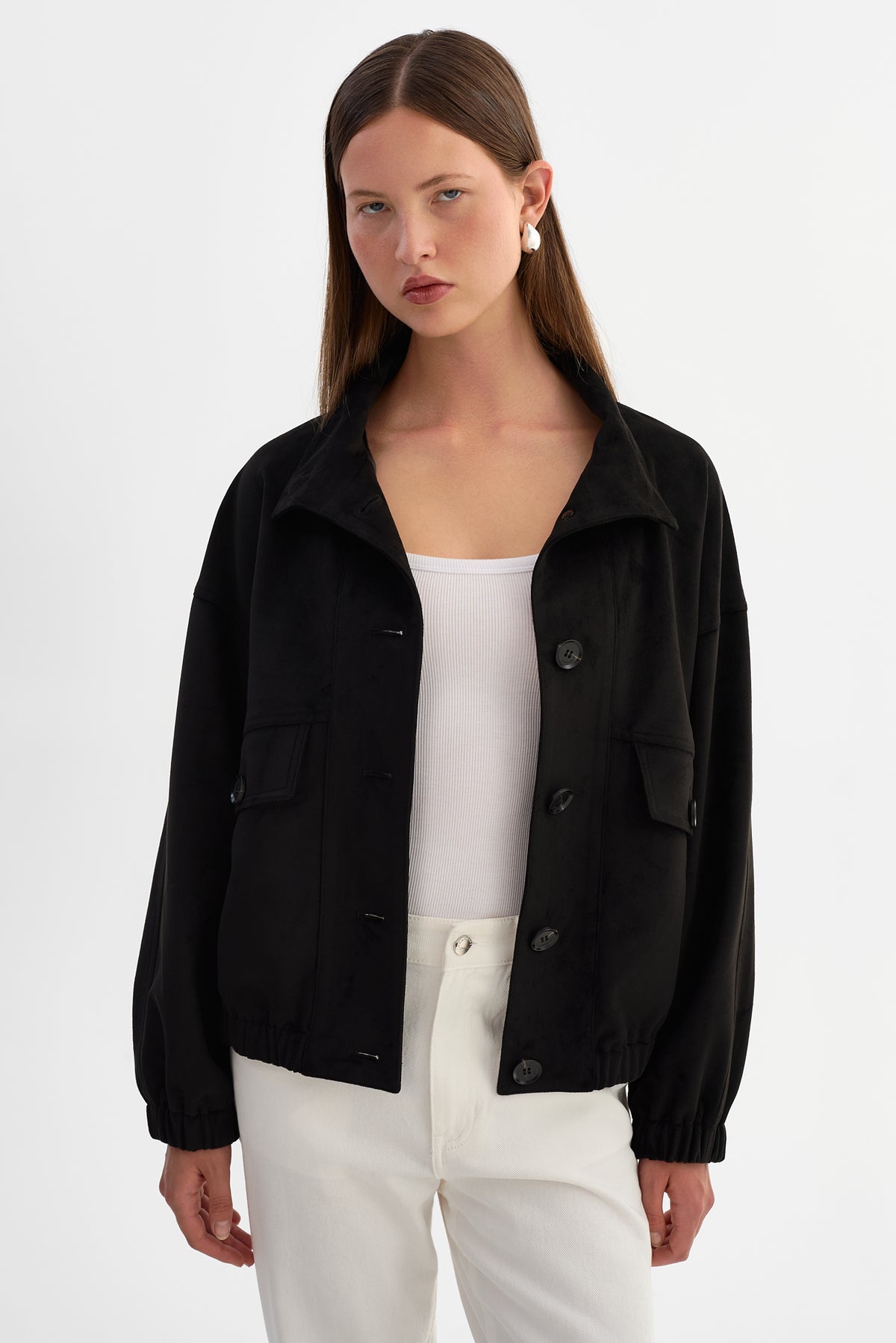 FIDELINA | Faux Suede Bomber Jacket