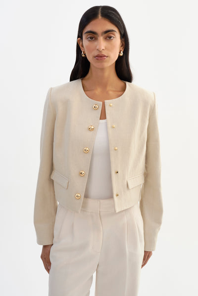 FRANCINA | Collarless Linen Blend Twill Jacket