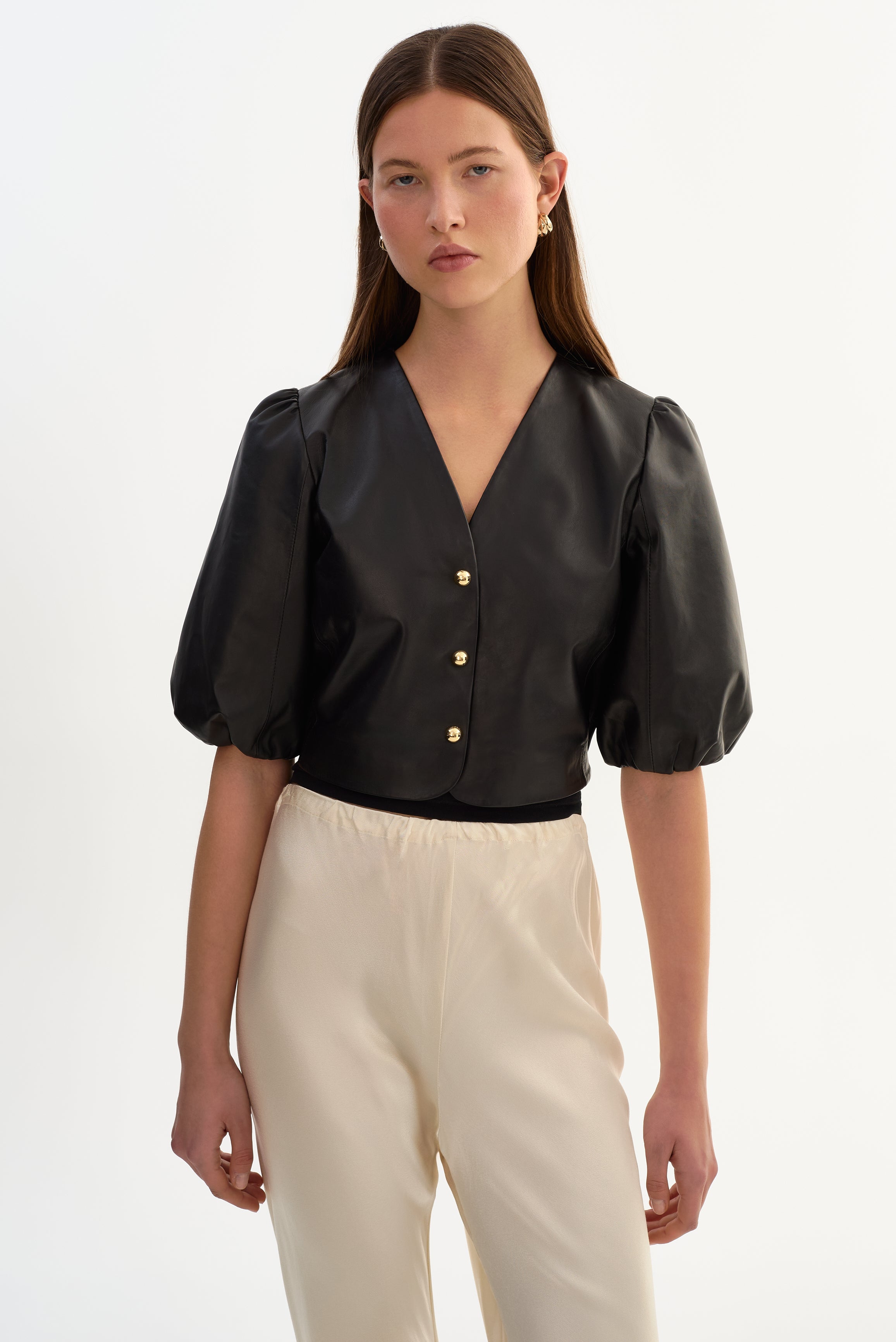 FRANKA | Blouse en cuir à manches ballon