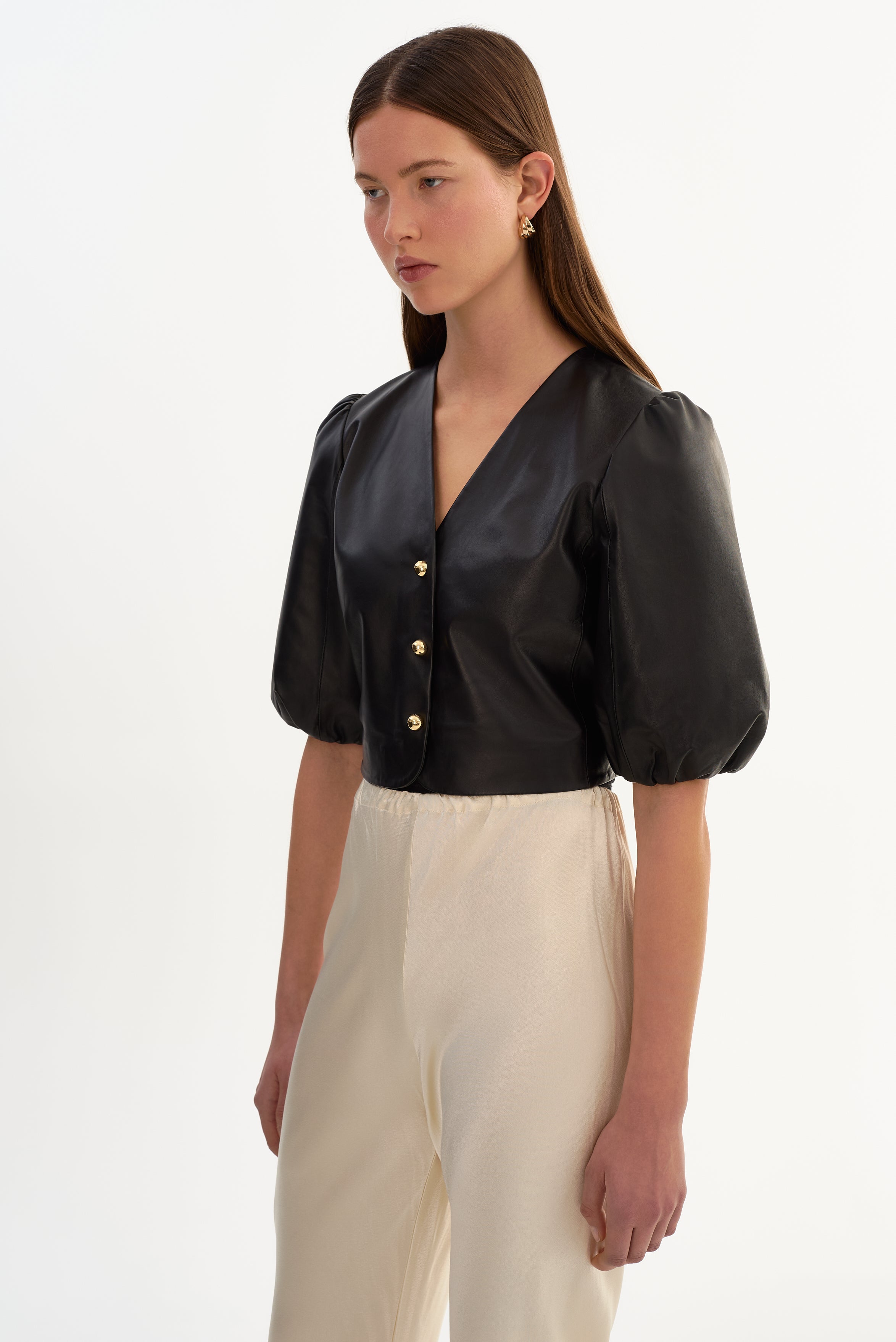 FRANKA | Blouse en cuir à manches ballon