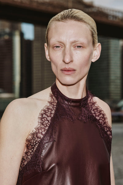 GINNY | Lace Trim Faux Leather Top