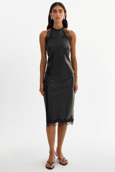 GINNY | Lace Trim Faux Leather Top