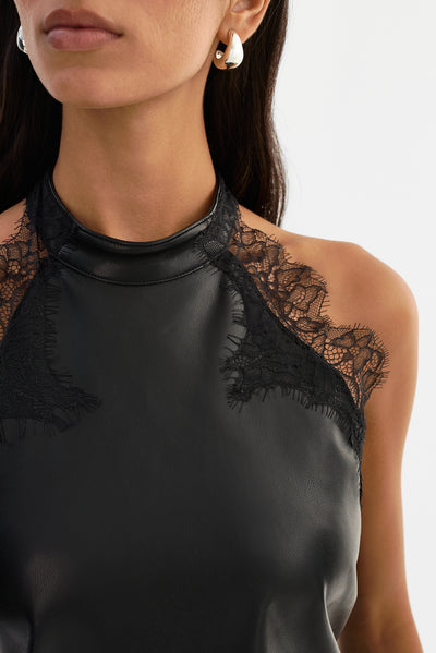GINNY | Lace Trim Faux Leather Top
