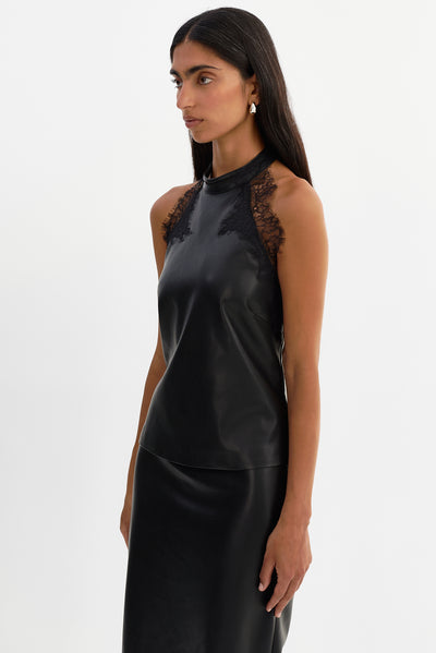 GINNY | Lace Trim Faux Leather Top
