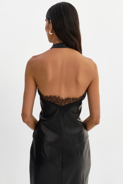 GINNY | Lace Trim Faux Leather Top