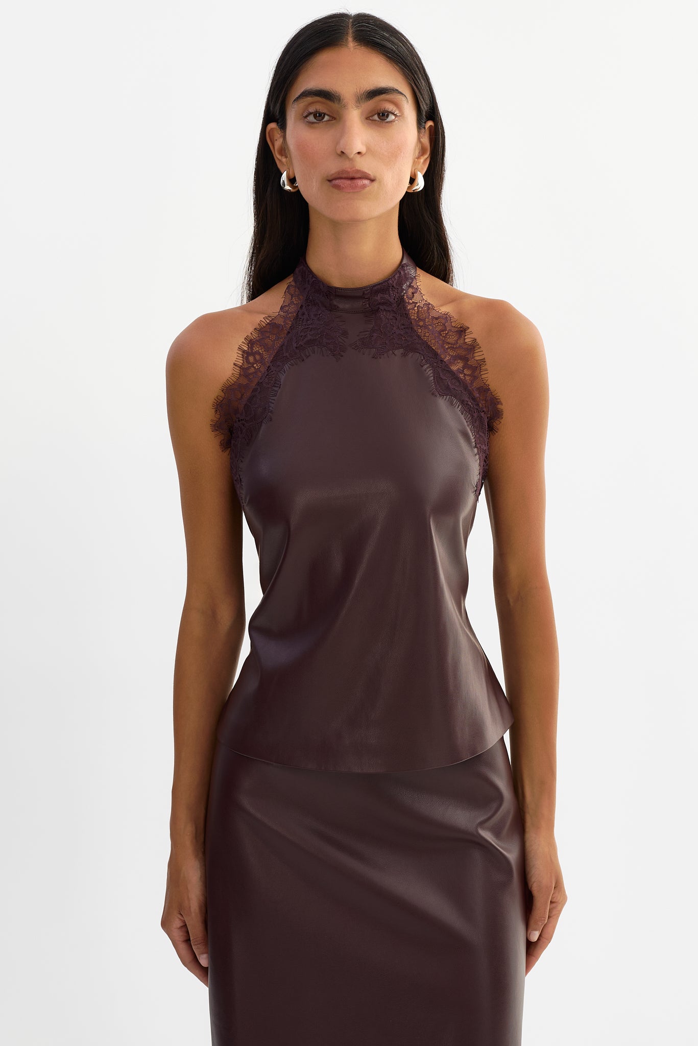 GINNY | Lace Trim Faux Leather Top