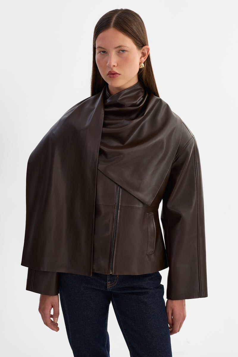 Faux Leather Scarf Jacket