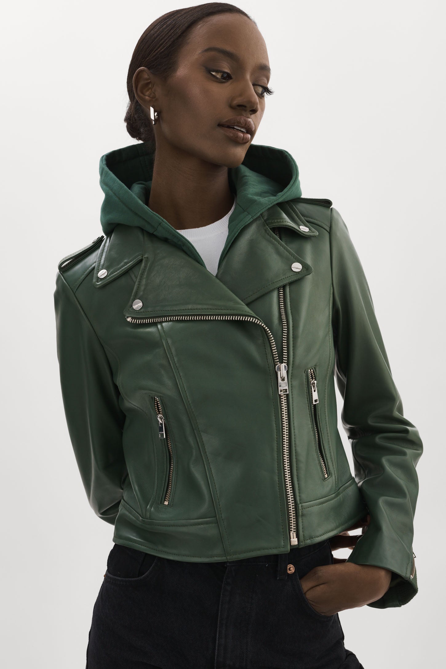 High Collar Green Leather Biker Jacket