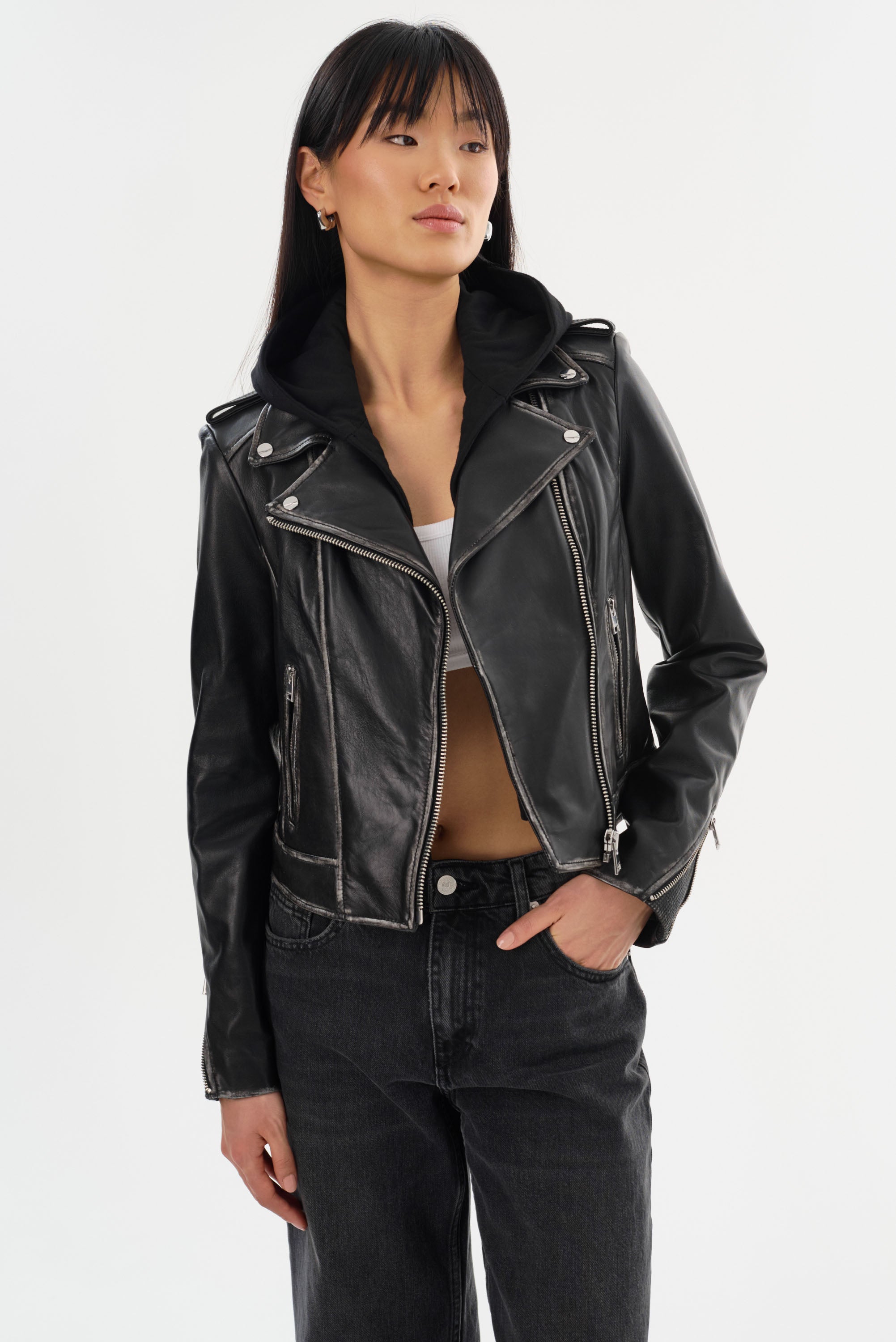 HOLY | Leather Biker Jacket with Removable Hood