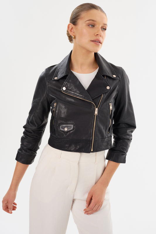 JANIKA | Cropped Leather Biker Jacket