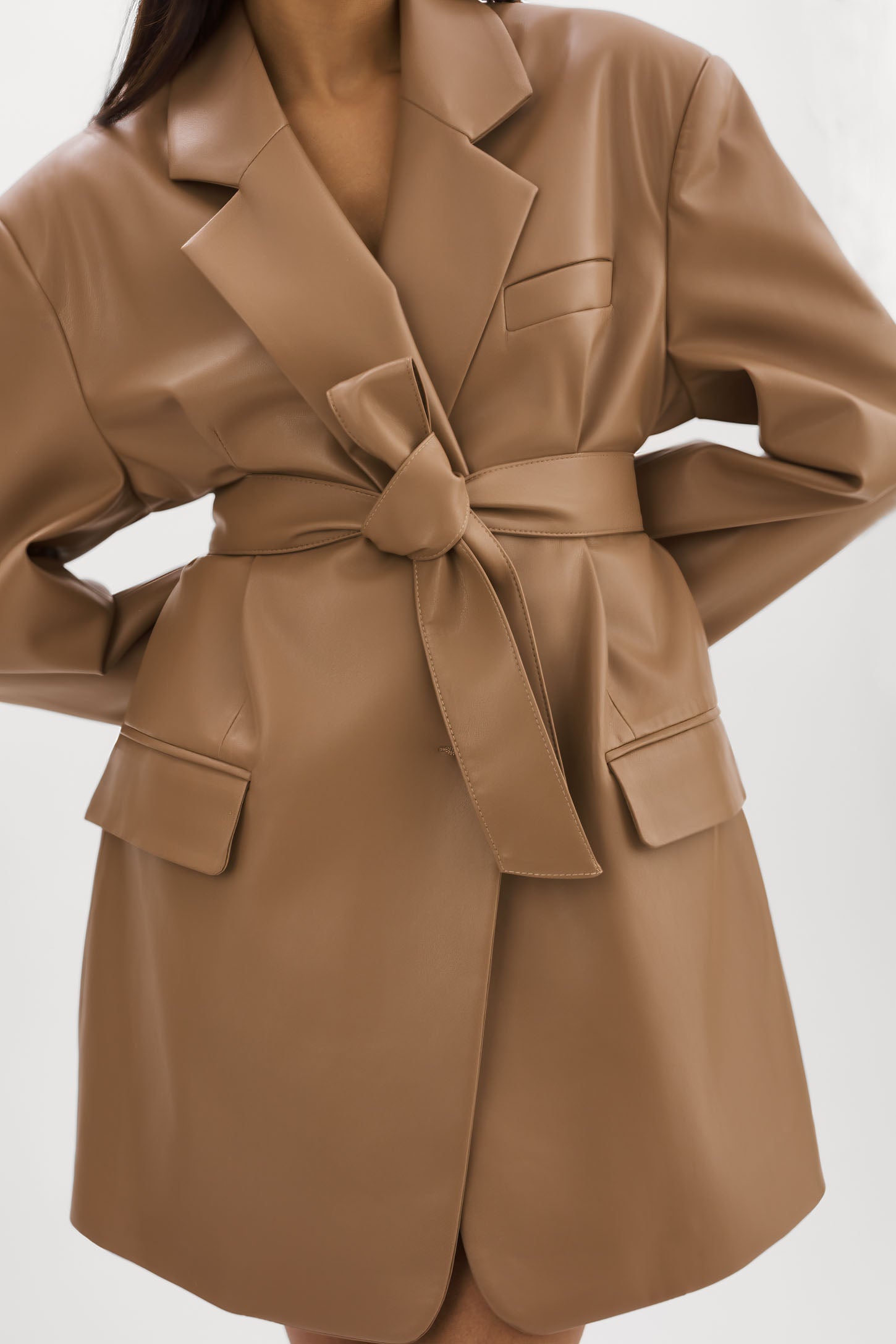 Camel belted oversized sleeve blazer sale