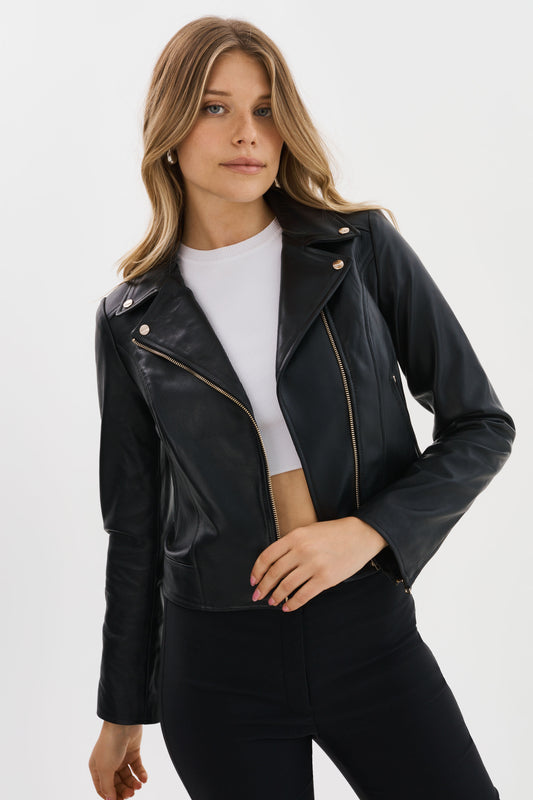 KELSEY | Veste motard en cuir, quincaillerie champagne