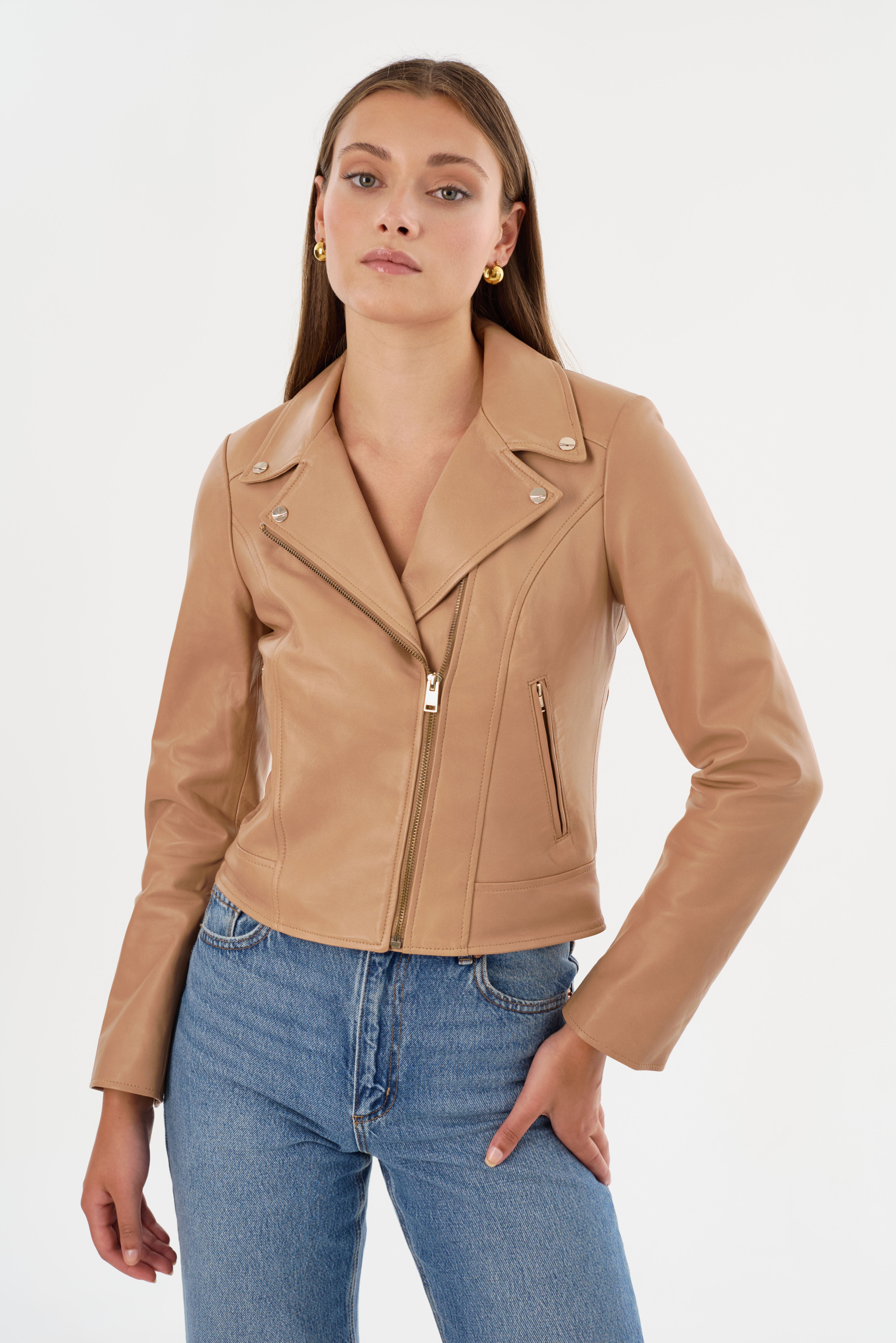 KELSEY | Veste motard en cuir, quincaillerie champagne