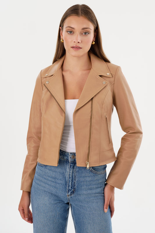 KELSEY | Veste motard en cuir, quincaillerie champagne