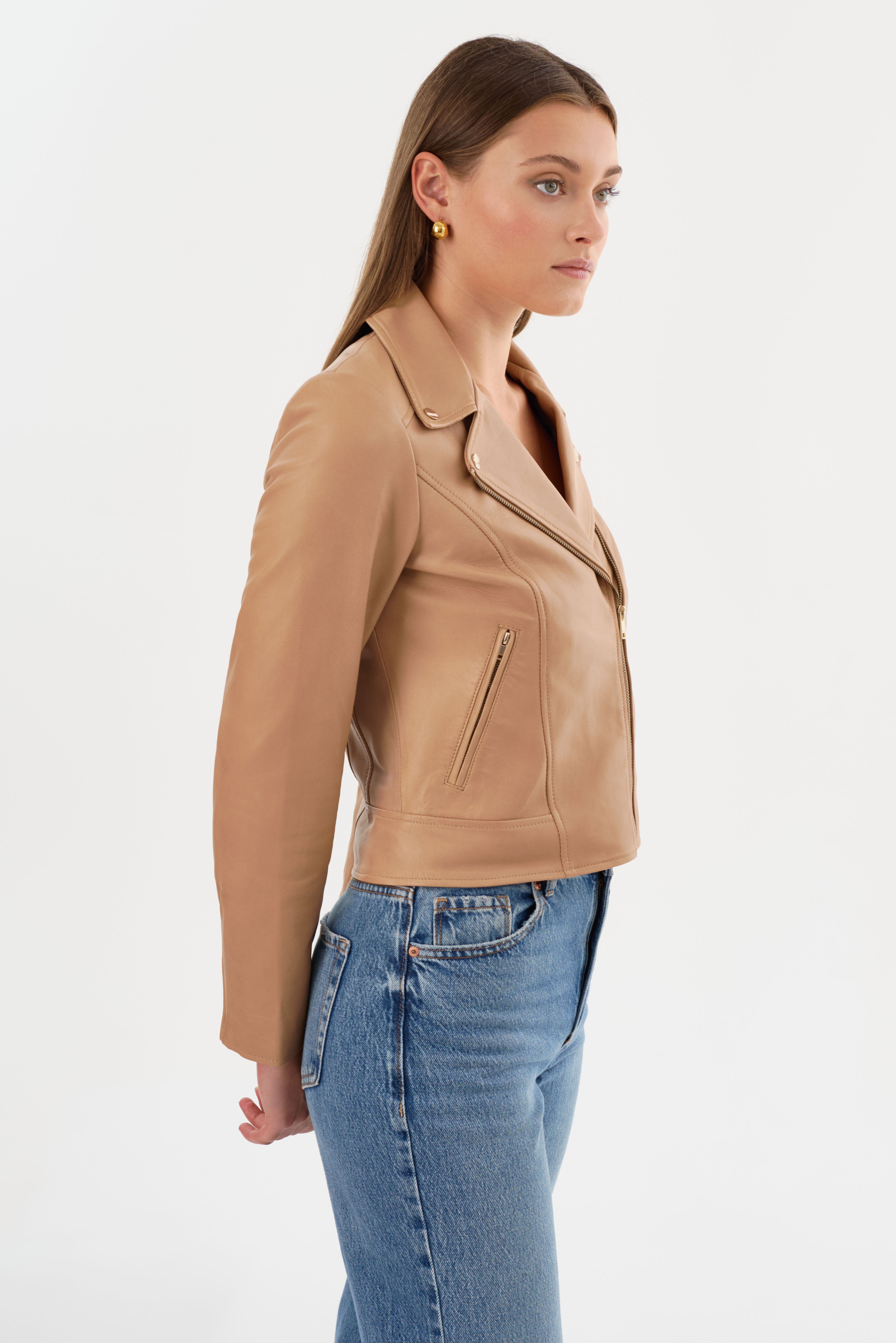 KELSEY | Veste motard en cuir, quincaillerie champagne