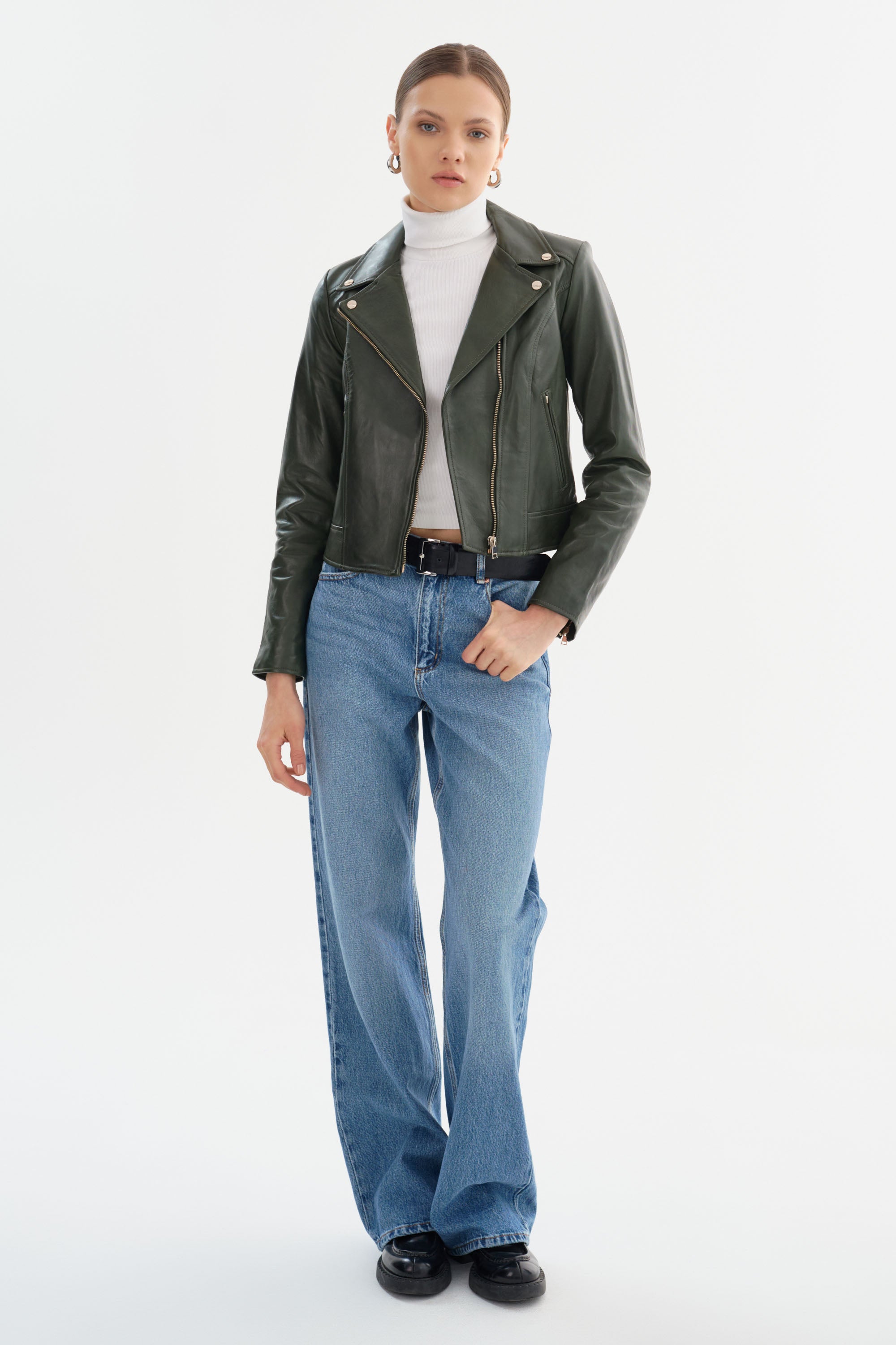 KELSEY | Veste motard en cuir, quincaillerie champagne