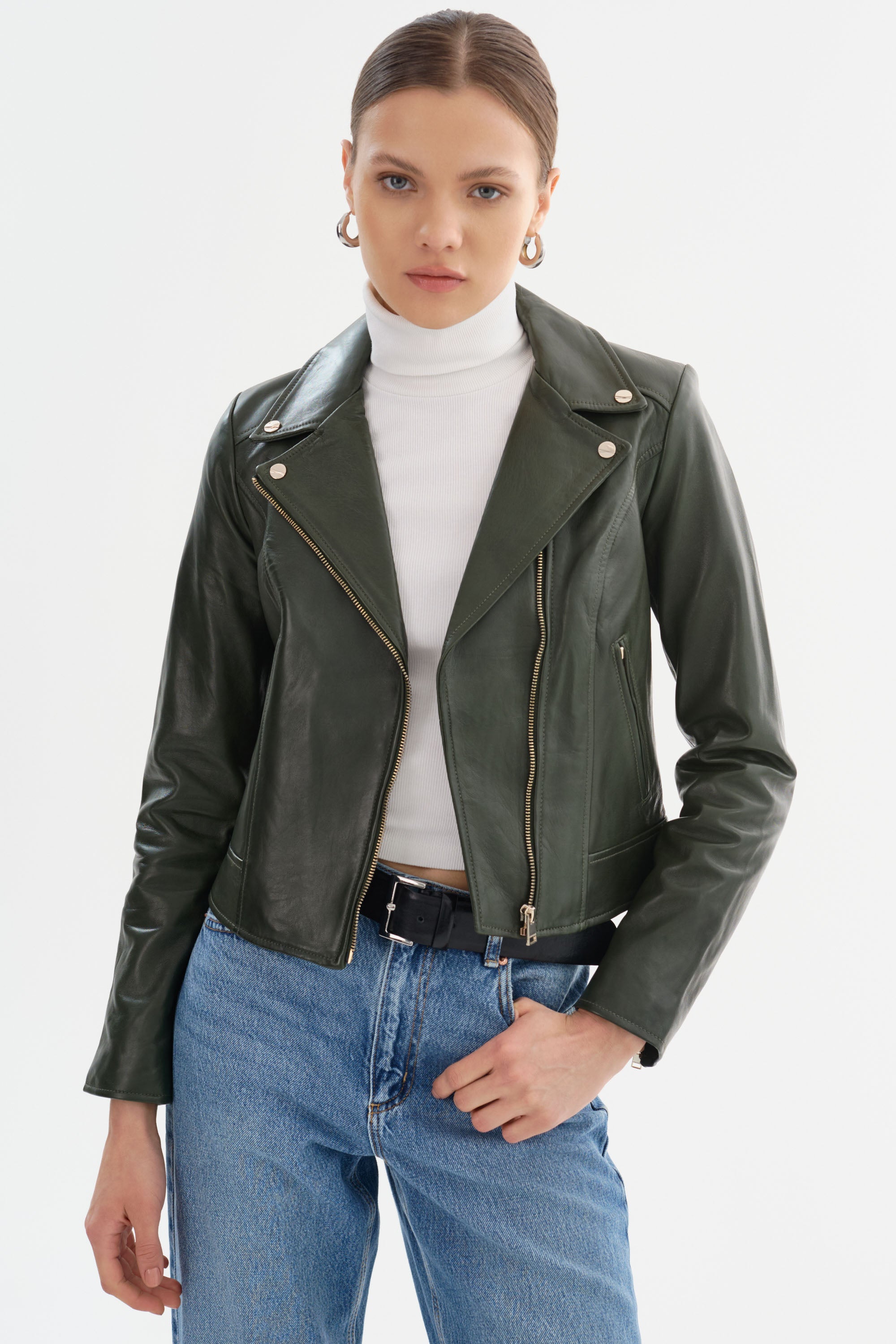 KELSEY | Veste motard en cuir, quincaillerie champagne