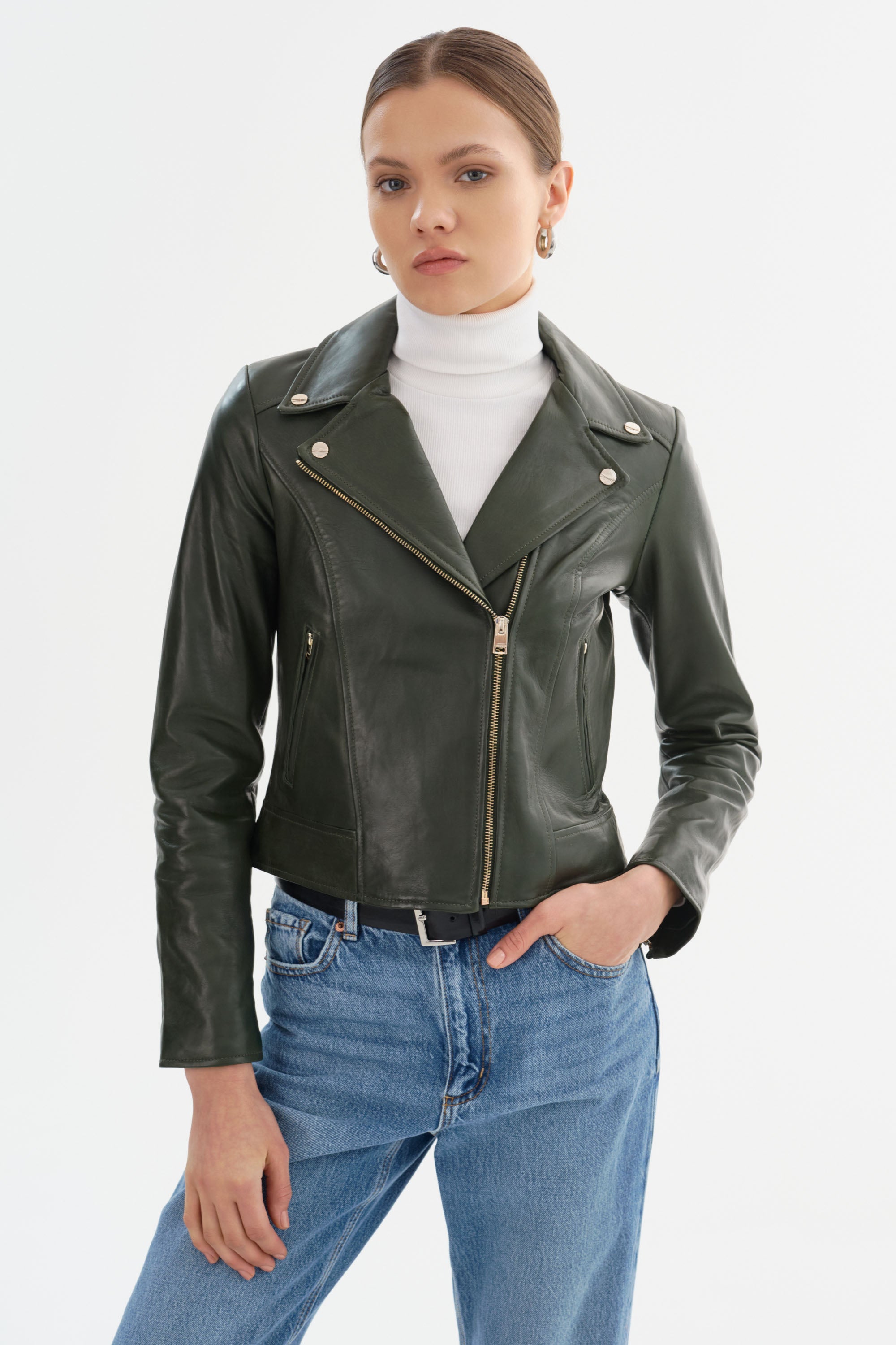 KELSEY | Veste motard en cuir, quincaillerie champagne