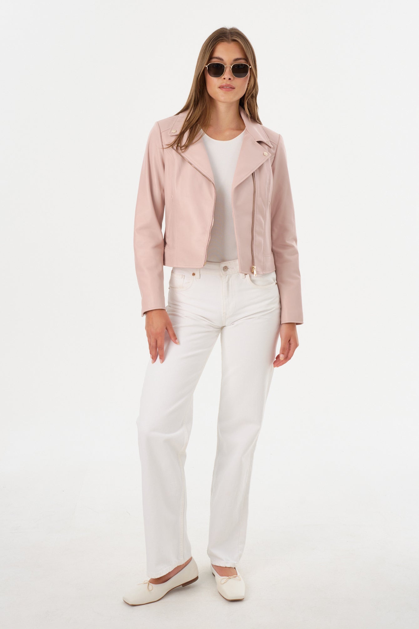 KELSEY | Veste motard en cuir avec quincaillerie champagne