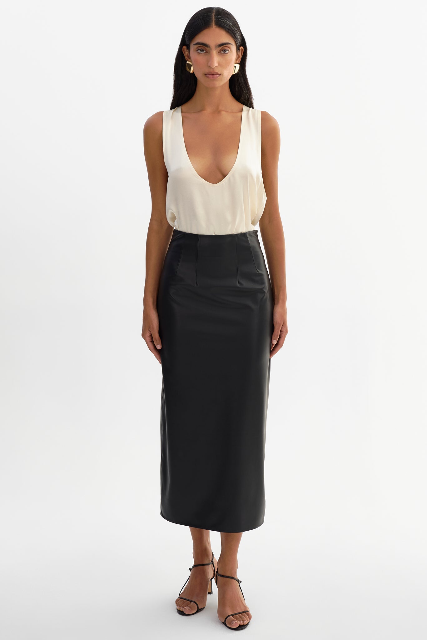 MAYLOR | High-Waisted Faux Leather Midi Skirt