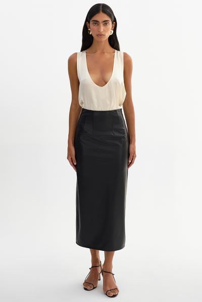 MAYLOR | High-Waisted Faux Leather Midi Skirt