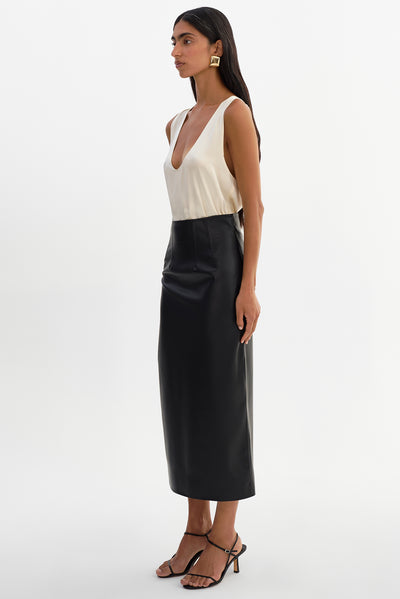 MAYLOR | High-Waisted Faux Leather Midi Skirt
