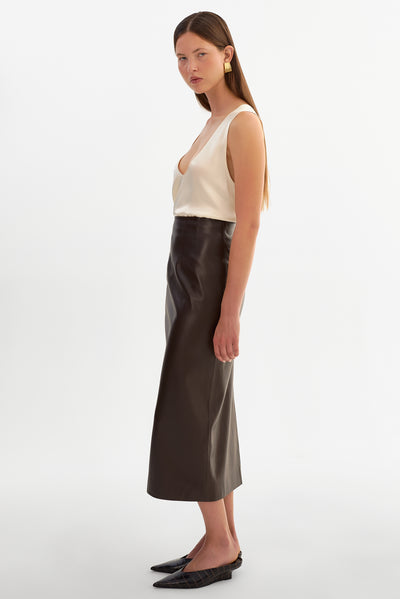 MAYLOR | High-Waisted Faux Leather Midi Skirt