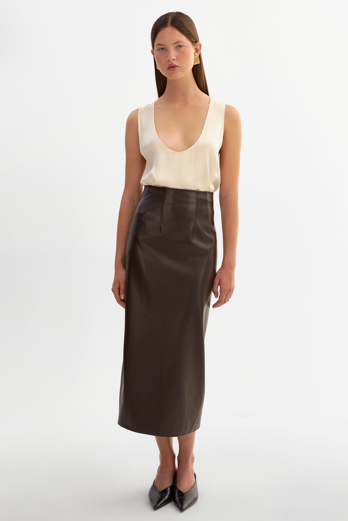 MAYLOR | High-Waisted Faux Leather Midi Skirt