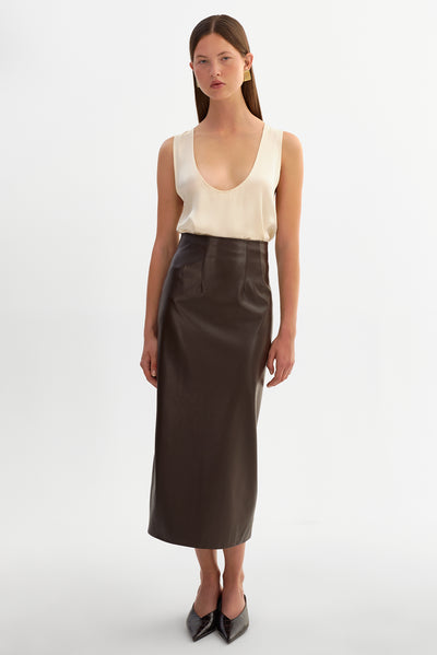 MAYLOR | High-Waisted Faux Leather Midi Skirt