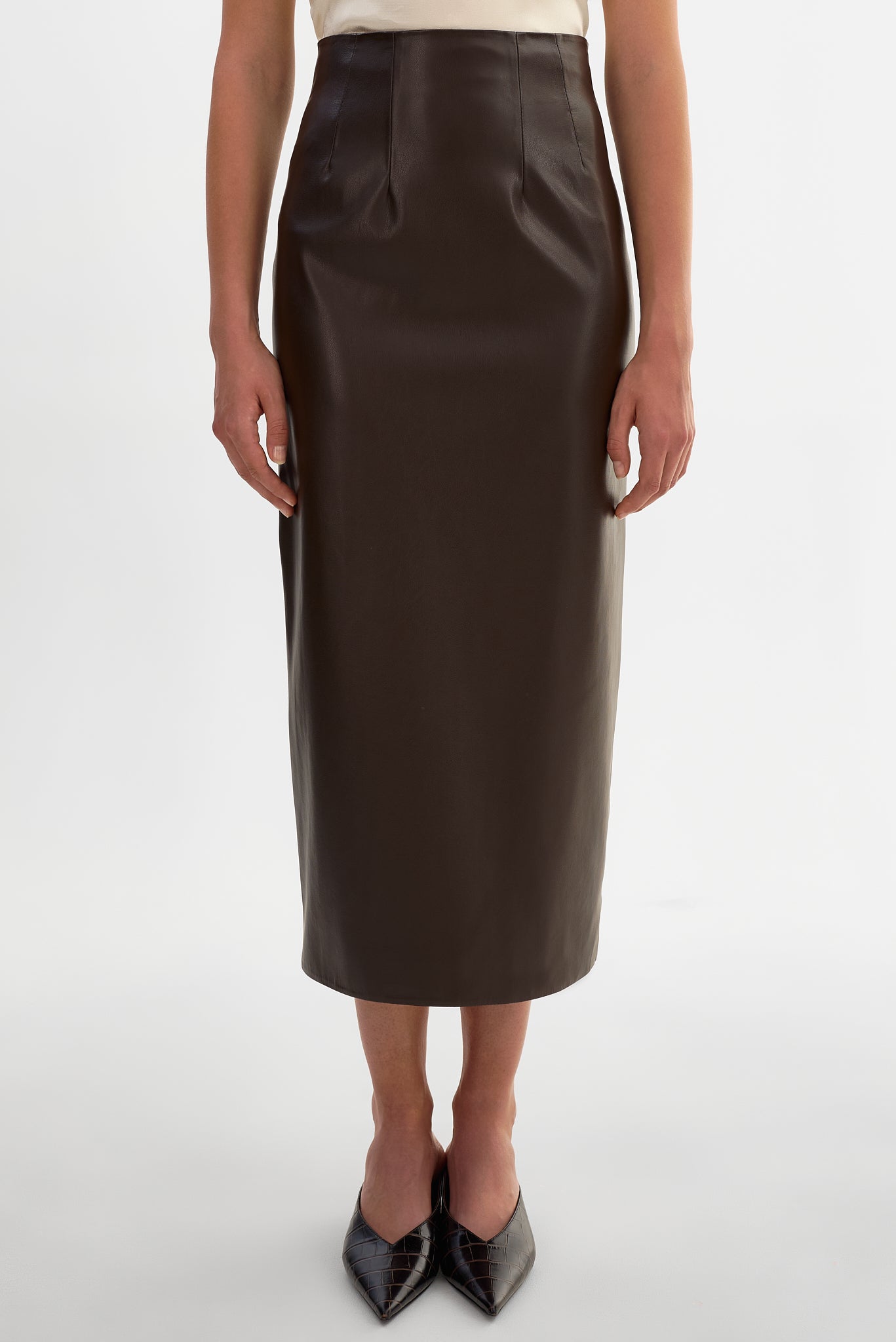MAYLOR | High-Waisted Faux Leather Midi Skirt