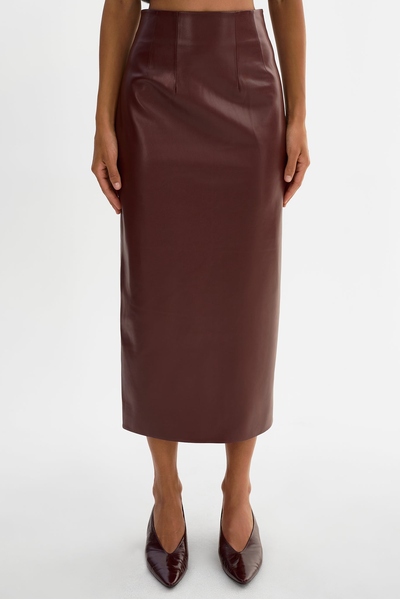 MAYLOR | High-Waisted Faux Leather Midi Skirt