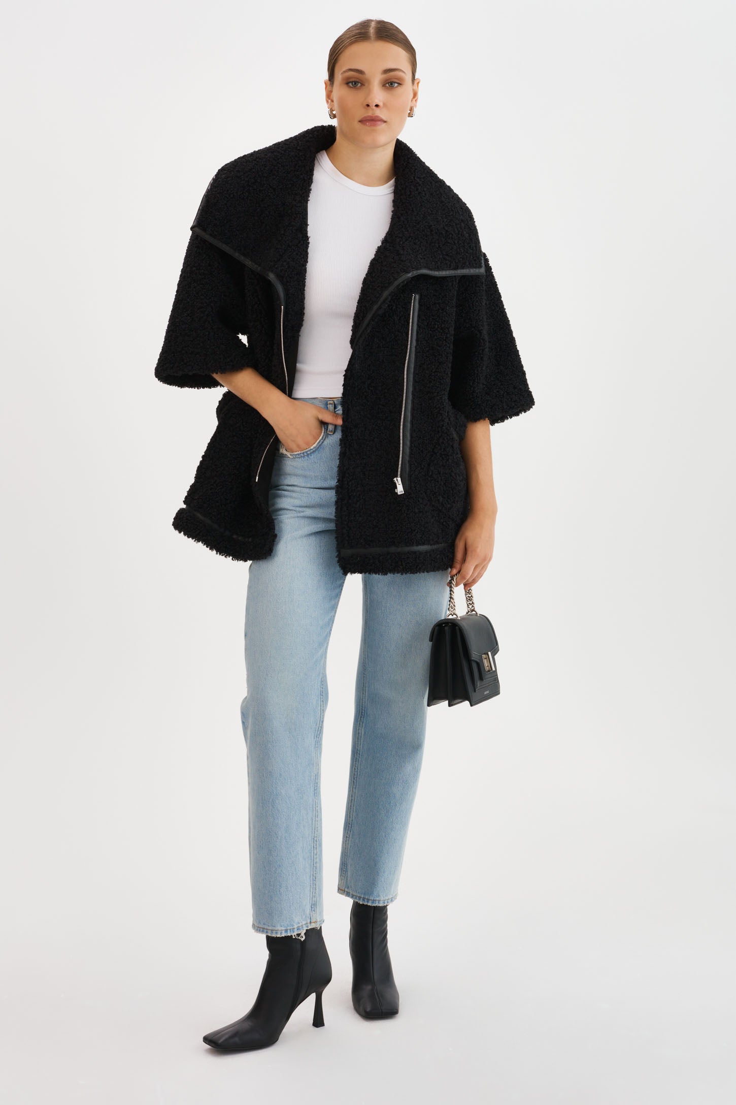 Black faux sherpa coat discount