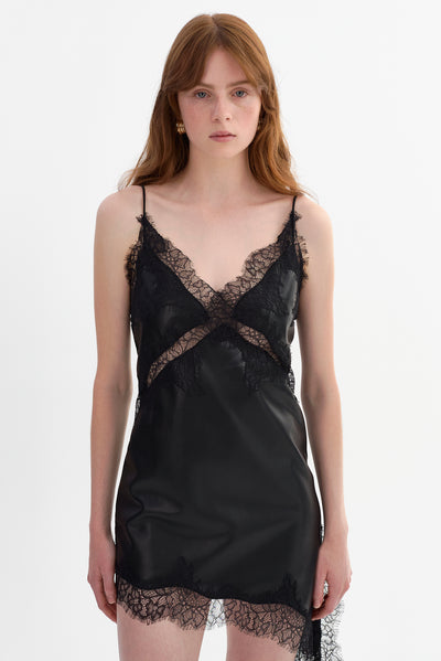 PAULINA | Lace Trim Faux Leather Mini Dress