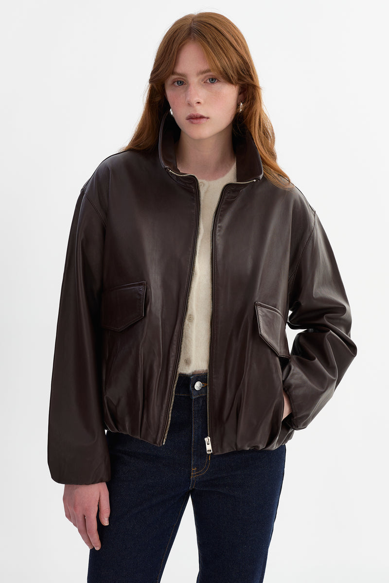 Funnel Neck Leather Jacket