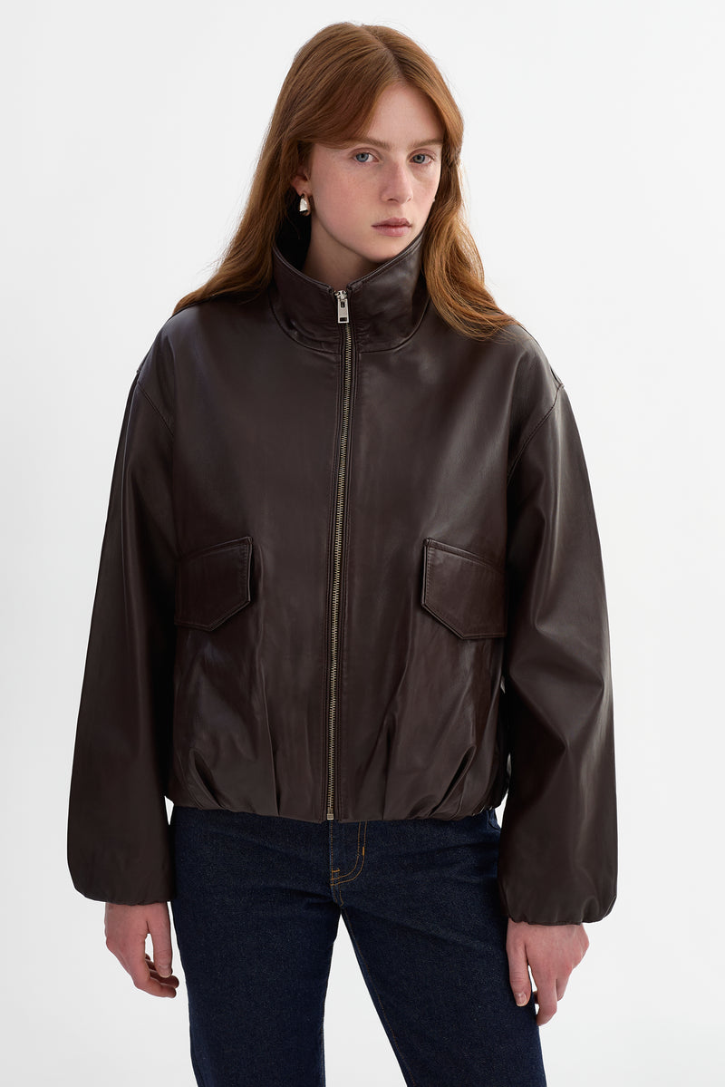 Funnel Neck Leather Jacket