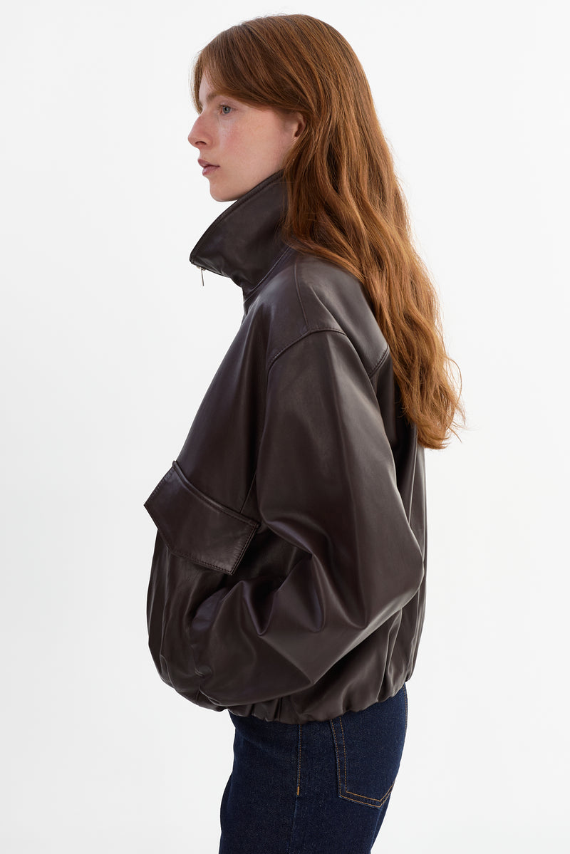 Funnel Neck Leather Jacket