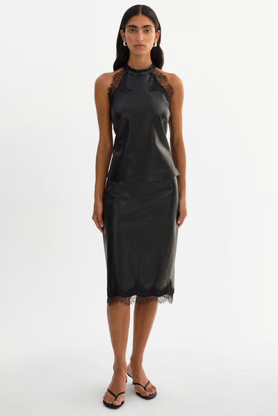 SONJA | Lace Trim Faux Leather Skirt