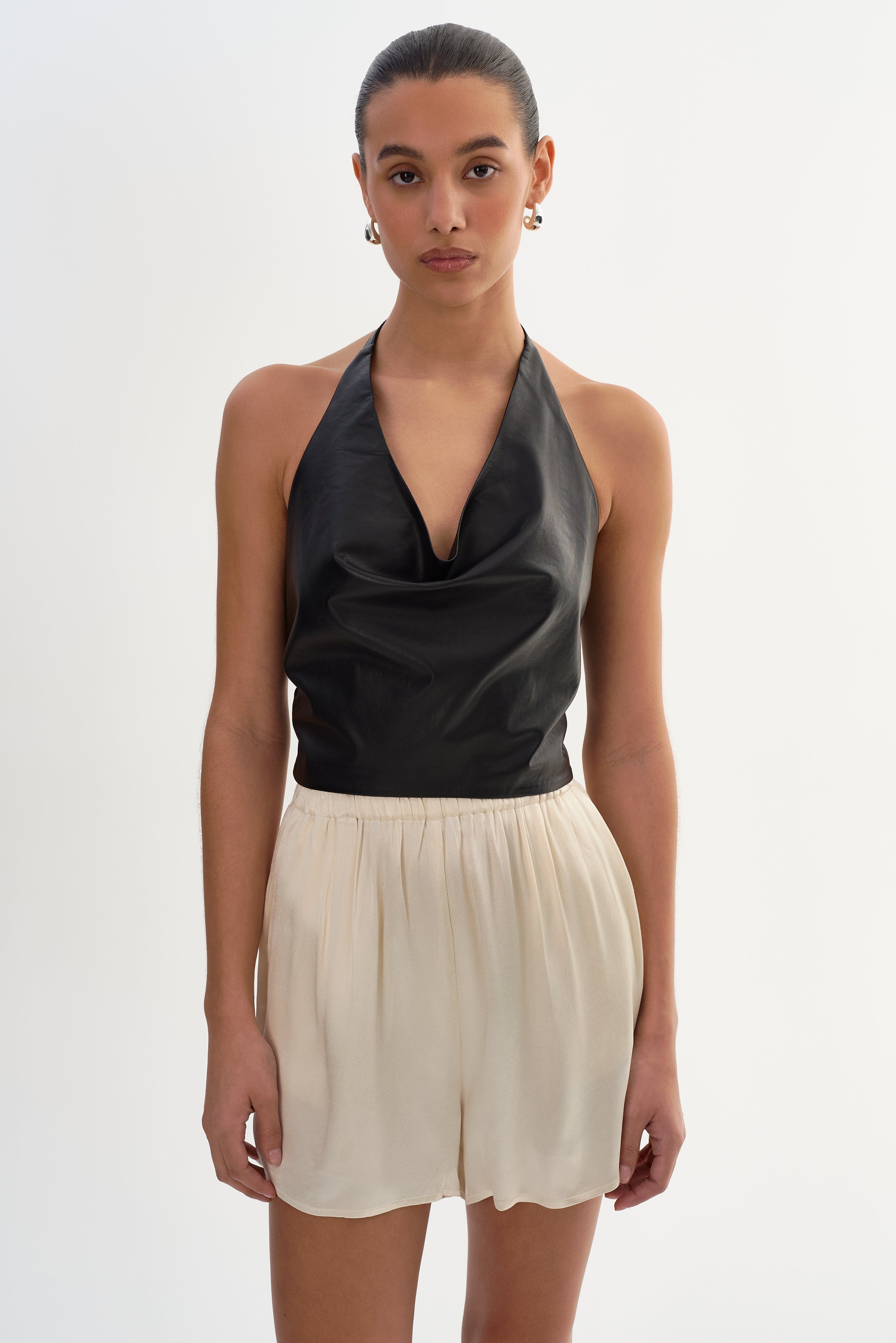 SYEDA | Cowl Neck Leather Top