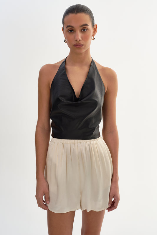 SYEDA | Cowl Neck Leather Top