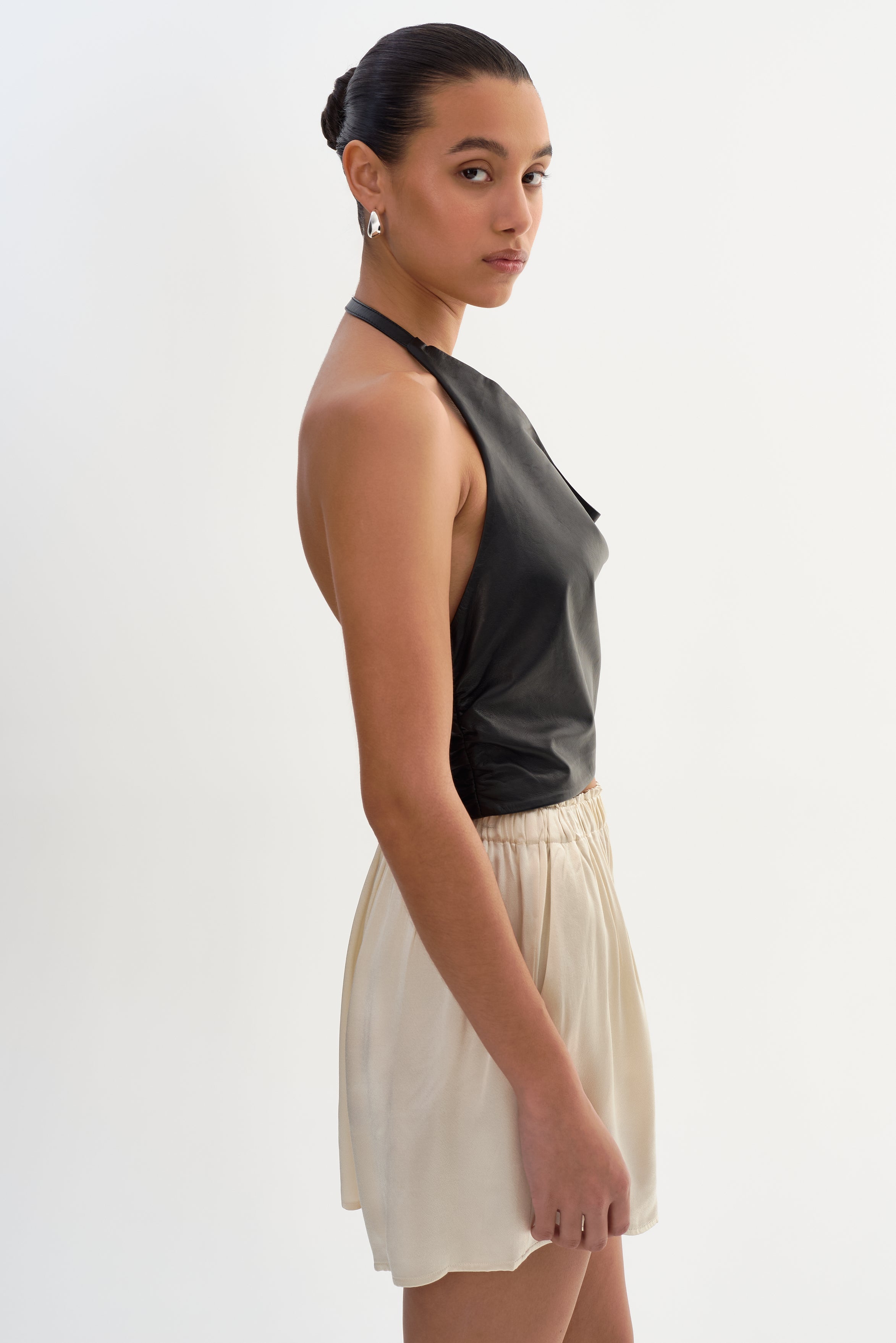 SYEDA | Cowl Neck Leather Top