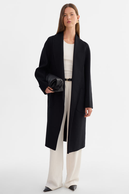 THARA | Manteau en laine à col châle noir
