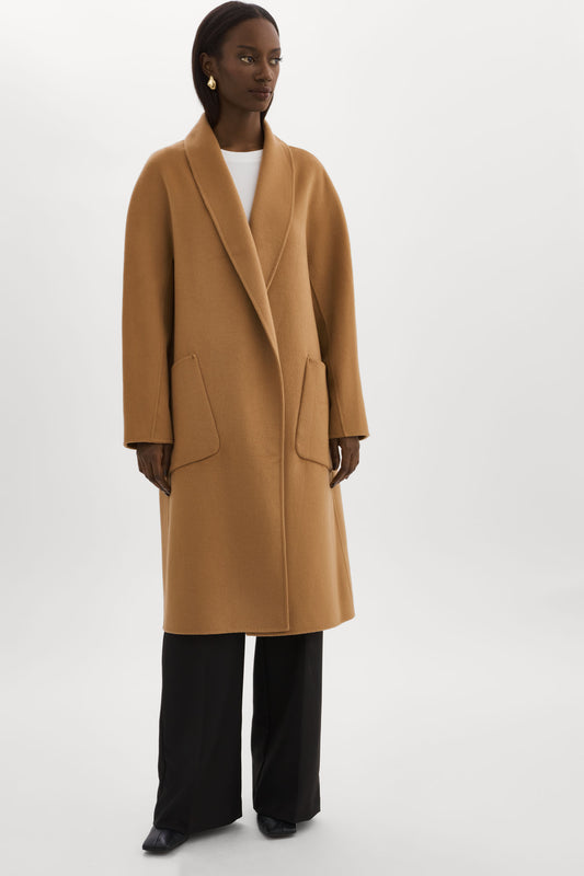 Estella | Goff Hooded Wrap Coat in Mocha Brown Virgin Wool Small