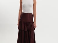 CHALINA | Ruffle Satin Midi Skirt
