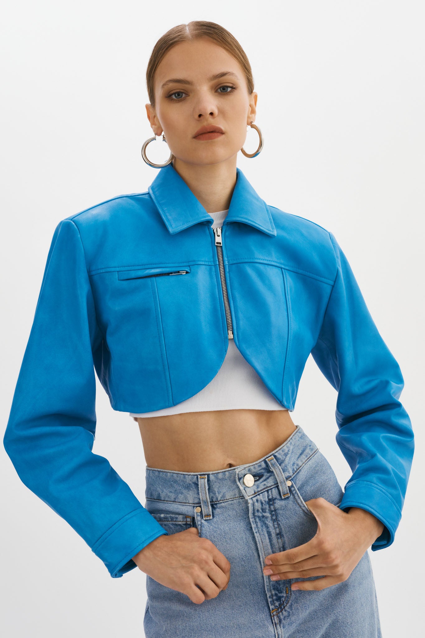 Blue cropped on sale leather jacket