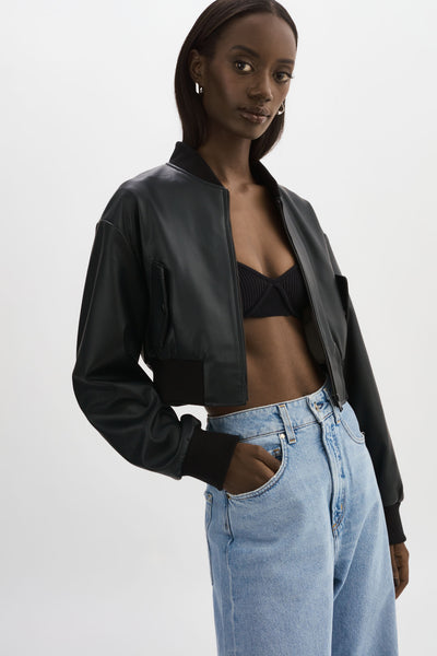 EVELIN | Cropped Faux Leather Bomber Jacket