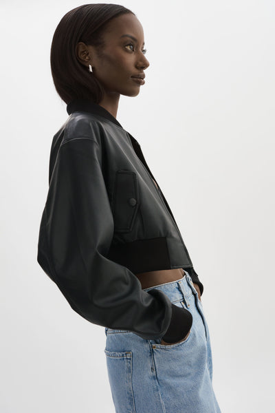 EVELIN | Cropped Faux Leather Bomber Jacket